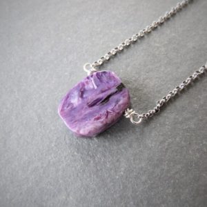 Shop Charoite Necklaces! Charoite, smooth raw rectangle nugget, Amethyst, choker necklace, sterling silver, rolo chain, healing natural gemstone | Natural genuine Charoite necklaces. Buy crystal jewelry, handmade handcrafted artisan jewelry for women.  Unique handmade gift ideas. #jewelry #beadednecklaces #beadedjewelry #gift #shopping #handmadejewelry #fashion #style #product #necklaces #affiliate #ad
