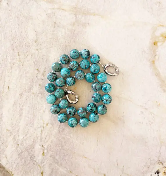Blue Arizona Chrysocolla 12mm Round Beaded Necklace With Interlocking Ring Clasp - Inspiration Mine