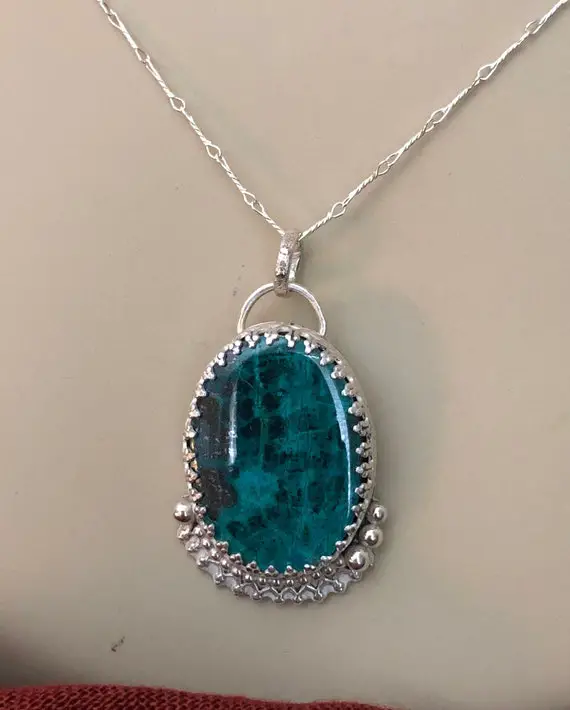 Chrysocolla Natural Gemstone Pendant, Sterling Silver Setting, Sterling Silver Chain, Artisan Jewelry