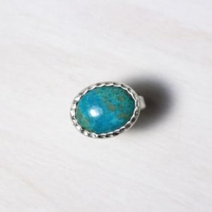 Shop Chrysocolla Rings! Teal Blue Chrysocolla Cabochon Ring Wavy Silver Bezel Setting Ocean Water Ripple Design Oval Green Gemstone Band Gift Idea Her – Waterway | Natural genuine Chrysocolla rings, simple unique handcrafted gemstone rings. #rings #jewelry #shopping #gift #handmade #fashion #style #affiliate #ad