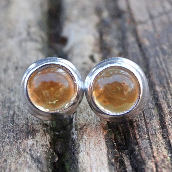 7mm 925 Silver Citrine Stud Earrings, Sterling Silver Round Natural Yellow Citrine Gemstone Studs, Natural Stone Earrings Dainty Round Studs