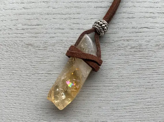 Genuine Citrine Necklace Brown Or Black Vegan Leather Cord, Natural Citrine Crystal Necklace, Citrine Jewelry, Gemstone Necklace For Men