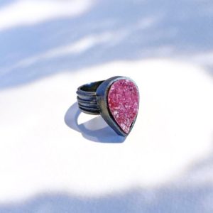 Shop Pink Calcite Rings! Cobalto calcite druse ring in teardrop shape, pink druse ring, druzy gemstone ring, gift for women rustic boho style | Natural genuine Pink Calcite rings, simple unique handcrafted gemstone rings. #rings #jewelry #shopping #gift #handmade #fashion #style #affiliate #ad
