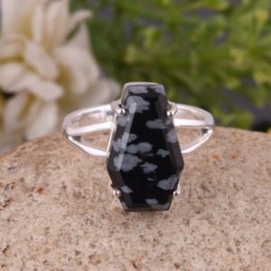 Shop Snowflake Obsidian Rings! Coffin Ring, Snowflake Obsidian Ring, Halloween Gifts – Rings for Girls -Personalized gifts, Boho Ring, 925 Sterling Silver Ring For Her. | Natural genuine Snowflake Obsidian rings, simple unique handcrafted gemstone rings. #rings #jewelry #shopping #gift #handmade #fashion #style #affiliate #ad