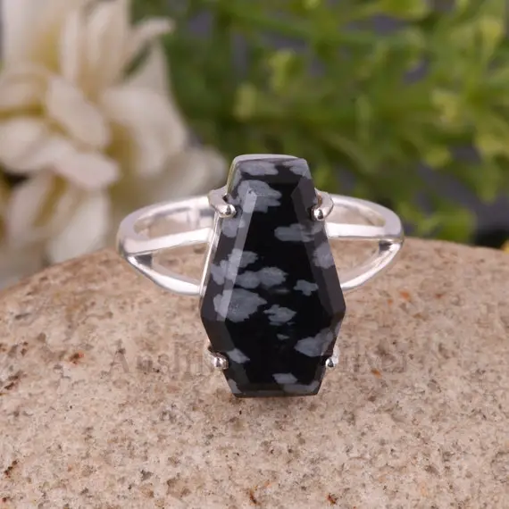 Coffin Ring, Snowflake Obsidian Ring, Halloween Gifts - Rings For Girls -personalized Gifts, Boho Ring, 925 Sterling Silver Ring For Her.