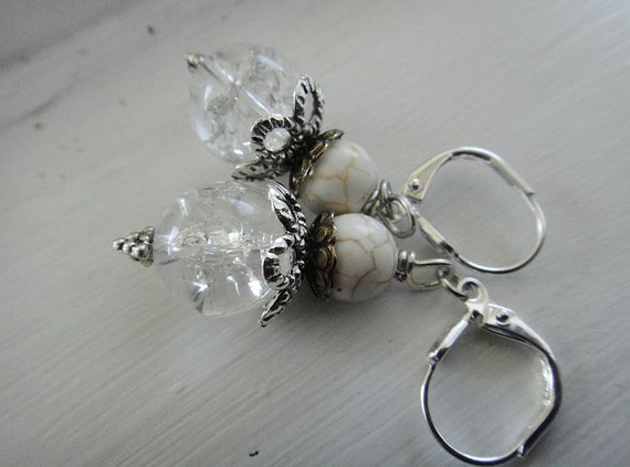 Cracked Glass Earrings, Brass And Silver Earrings, White Earrings, Magnesite Earrings E-69