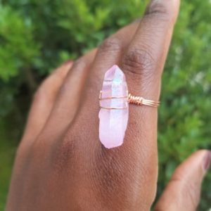 Shop Angel Aura Quartz Rings! Crystal: PINK Quartz Angel Aura Wire Wrapped Ring | Natural genuine Angel Aura Quartz rings, simple unique handcrafted gemstone rings. #rings #jewelry #shopping #gift #handmade #fashion #style #affiliate #ad