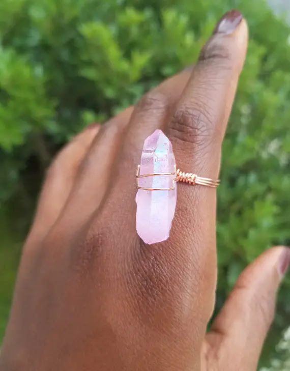 Crystal: Pink Quartz Angel Aura Wire Wrapped Ring