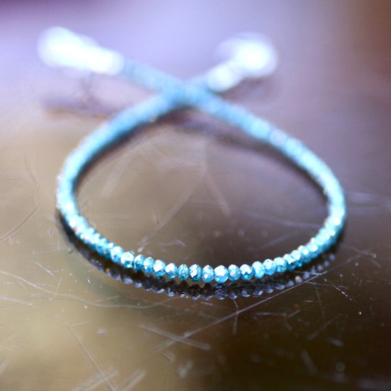 Natural Teal Blue Diamond Bracelet Solid 14k White Gold , April Birthstone , 10th Anniversary ,  7" - 7 1/3"