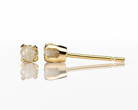 14k Yellow Gold Post Earrings - White Raw Rough Diamonds - Natural Uncut Stones Diamonds - Gold Ear Studs