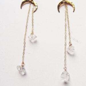 Shop Diamond Earrings! Shooting Star Herkimer Diamond Earrings. Crescent Moon Gold Chain Earrings | Natural genuine Diamond earrings. Buy crystal jewelry, handmade handcrafted artisan jewelry for women.  Unique handmade gift ideas. #jewelry #beadedearrings #beadedjewelry #gift #shopping #handmadejewelry #fashion #style #product #earrings #affiliate #ad