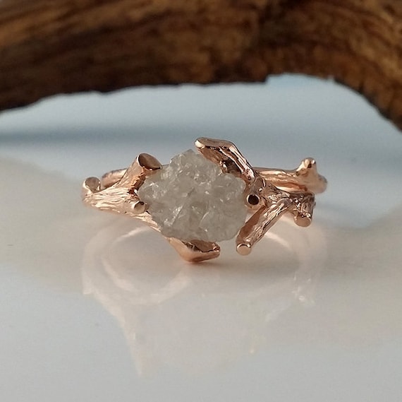 Rough Diamond Twig And Branch In Solid Gold, Engagement, Solitaire Only, Hand Sculpted By Dv Jewelry Designs