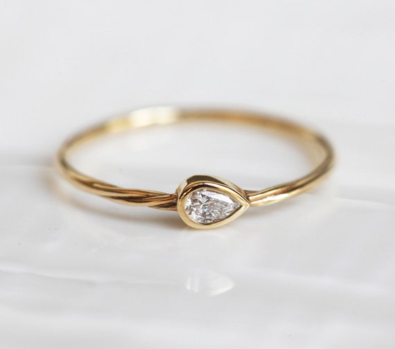 Pear Diamond Ring Delicate Twisted Gold Band, Delicate Engagement Ring 0.1 Carat Diamond By Threelayers