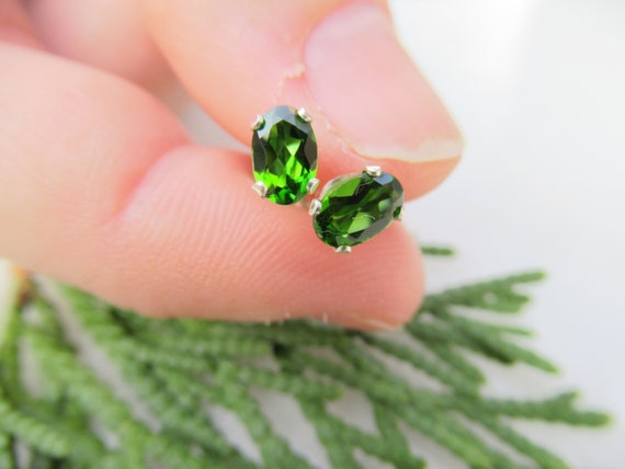 Chrome Diopside 6 X 4 Mm Oval Studs, 925 Sterling Silver Studs, Forest Green Natural Gemstone, Small Minimalist Gemstone Posts