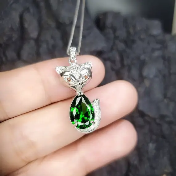 Diopside Necklace - 18kgp Sterling Silver - Fox Pendant - Large Green Chrome Diopside Jewelry #468