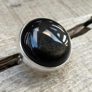 Edgy Chunky Black Golden Sheen Obsidian Sterling Silver Statement Ring | Obsidian Rung | Golden Obsidian | Sheen Obsidian | Rocker | Boho | Natural genuine Gemstone rings, simple unique handcrafted gemstone rings. #rings #jewelry #shopping #gift #handmade #fashion #style #affiliate #ad