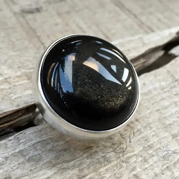 Edgy Chunky Black Golden Sheen Obsidian Sterling Silver Statement Ring | Obsidian Rung | Golden Obsidian | Sheen Obsidian | Rocker | Boho