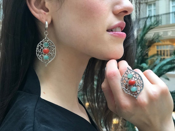 Long Earrings, Natural Emerald Earrings, Heavy Earrings, Bohemian Earrings, Natural Coral Earrings, May Birthstone, Solid Silver Earrings