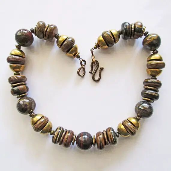 Exotic Iron Zebra Jasper And Tiger Iron Necklace Has Bold Bronze Accents