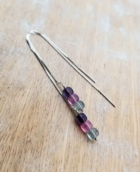Fluorite Threader Earrings Sterling Silver, Long Fluorite Gemstone Earrings, Five Inch Threader Earrings, Cube Earrings, Gemstone Threaders
