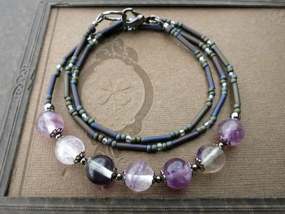 Purple Fluorite Necklace, Rustic Handmade Purple, Clear And White Crystal Third Eye Chakra Bohemian Beaded Jewelry