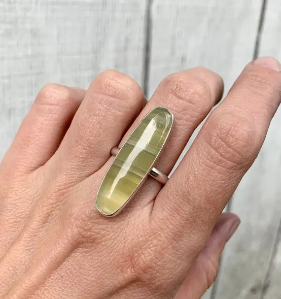 Soft Yellow Striped Cushion Cut Fluorite Gemstone Sterling Silver Ring Size 9.5 | Yellow Stone Ring | Banded Fluorite Ring | Boho