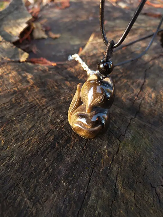 Fox Pendant Necklace - Natural And Genuine Golden Sheen Obsidian