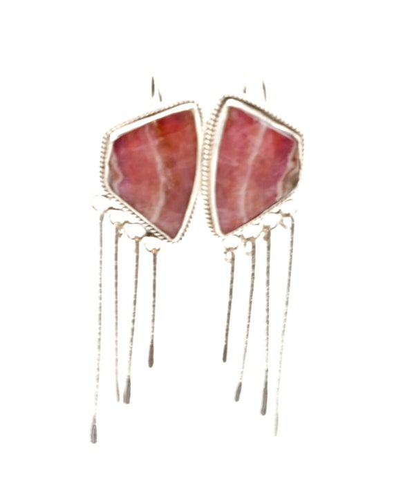 Genuine Cobolt Calcite And Sterling Silver Earrings, With Hammered Dangles, Red Earrings, Large Earrings, White And Pink