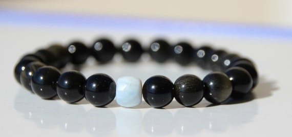 Bracelet Obsidienne Dorée ; Perle Opale Bleue