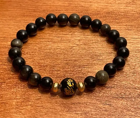 Golden Obsidian Bracelet With Dragon Accent Bead