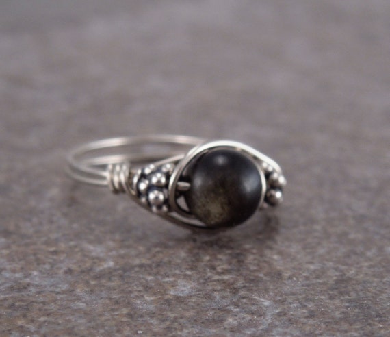 Sterling Silver Golden Obsidian And Bali Bead Ring
