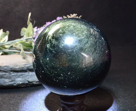 Natural Gold Obsidian Quartz Crystal Sphere,obsidian Ball,black Quartz Decor,gold Sheen Obsidian Crystal Sphere 80mm