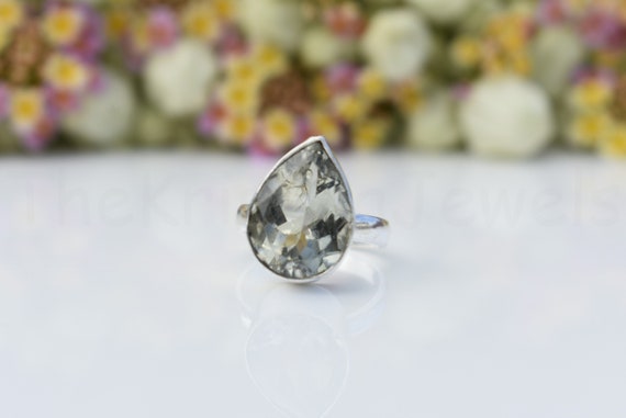 Green Amethyst Stone Ring, Sterling Silver Ring, Pear Stone Ring, Statement Ring, Faceted Gemstone, Silver Band Ring, Natural Gemstone, Boho