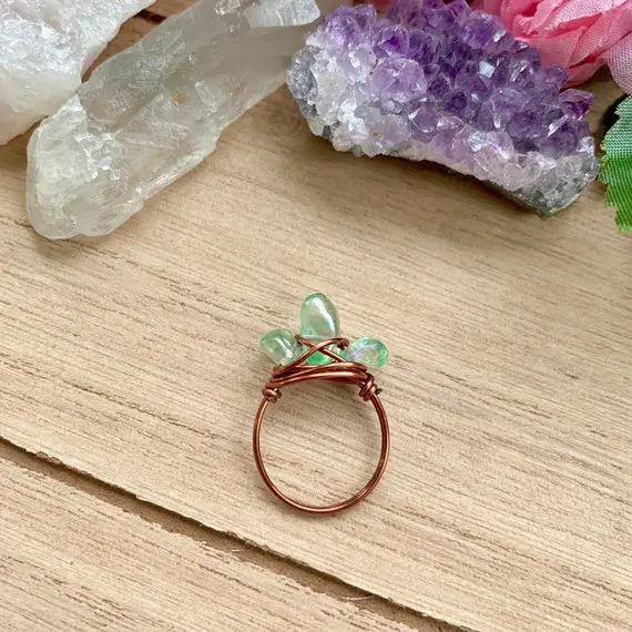 Green Angel Aura Crystal Ring, Angel Aura Quartz Jewelry, Crystal Bead Ring, Green Quartz Ring Wire Wrap, Simple Wire Stone Ring, Boho Rings