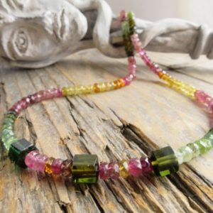 Shop Green Tourmaline Necklaces! Multicolor tourmaline necklace green pink yellow faceted with green tourmaline tubes Sterling silver clasp rhodium Plated gemstone necklace | Natural genuine Green Tourmaline necklaces. Buy crystal jewelry, handmade handcrafted artisan jewelry for women.  Unique handmade gift ideas. #jewelry #beadednecklaces #beadedjewelry #gift #shopping #handmadejewelry #fashion #style #product #necklaces #affiliate #ad