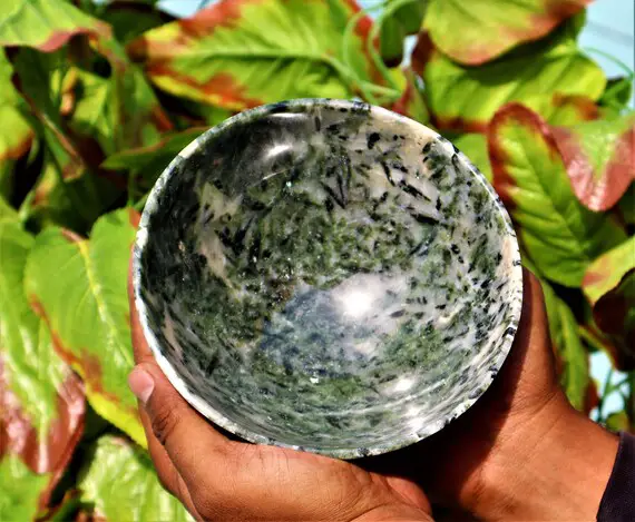 Green Tourmaline Crystal Altar Bowl, Large 160mm Healing Meditation Singing Bowl, Natural Stone Energy Gift