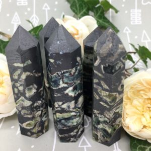 Hematite / Chrysoprase Tower Points – grounding, yin yang, base chakra, charging room | Natural genuine stones & crystals in various shapes & sizes. Buy raw cut, tumbled, or polished gemstones for making jewelry or crystal healing energy vibration raising reiki stones. #crystals #gemstones #crystalhealing #crystalsandgemstones #energyhealing #affiliate #ad