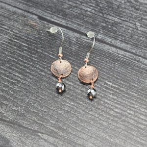 Shop Hematite Earrings! Textured Copper and Hematite Earrings | Natural genuine Hematite earrings. Buy crystal jewelry, handmade handcrafted artisan jewelry for women.  Unique handmade gift ideas. #jewelry #beadedearrings #beadedjewelry #gift #shopping #handmadejewelry #fashion #style #product #earrings #affiliate #ad