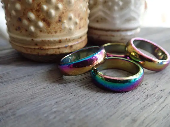 Aura Hematite Ring, Rainbow Hematite Band, Solid Gemstone Ring, Rainbow Hematite Ring, Carved Stone Ring, Healing Energy Stone Ring