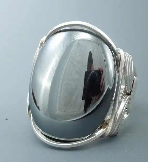 Handcrafted Sterling Silver Large Hematite Cabochon Wire Wrapped Ring