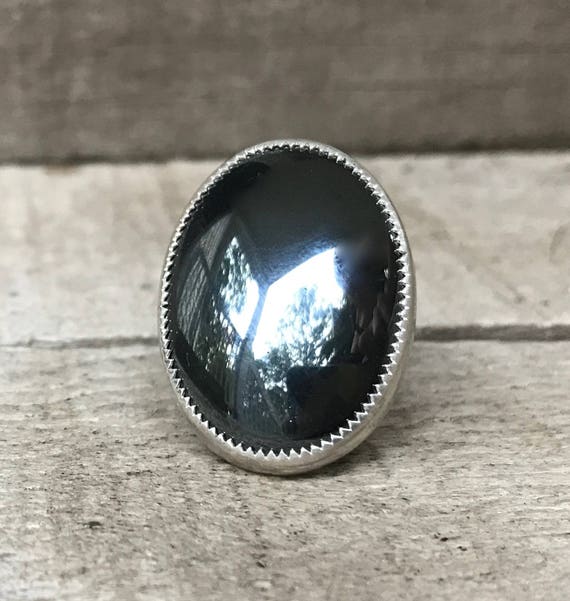 Large Oval Gray Reflective Hematite Serrated Setting Sterling Silver Ring | Boho | Rocker | Edgy | Hematite Ring | Gifts For Her
