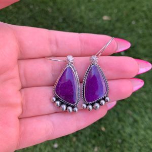 Shop Sugilite Earrings! Hooks or Studs 101 Natural Sugilite Triangle Drop Earrings Handmade by Navajo Linda Yazzie | Natural genuine Sugilite earrings. Buy crystal jewelry, handmade handcrafted artisan jewelry for women.  Unique handmade gift ideas. #jewelry #beadedearrings #beadedjewelry #gift #shopping #handmadejewelry #fashion #style #product #earrings #affiliate #ad