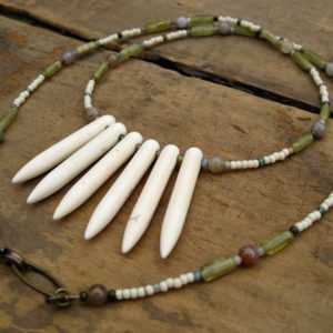 Bohemian Spike Necklace, feminine pastel tribal white howlite spike necklace with light yellow and green beaded chain | Natural genuine Howlite necklaces. Buy crystal jewelry, handmade handcrafted artisan jewelry for women.  Unique handmade gift ideas. #jewelry #beadednecklaces #beadedjewelry #gift #shopping #handmadejewelry #fashion #style #product #necklaces #affiliate #ad