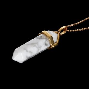 Shop Howlite Jewelry! Howlite Pendulum Pendant Healing Point Size 40x8mm Gold Chain | Natural genuine Howlite jewelry. Buy crystal jewelry, handmade handcrafted artisan jewelry for women.  Unique handmade gift ideas. #jewelry #beadedjewelry #beadedjewelry #gift #shopping #handmadejewelry #fashion #style #product #jewelry #affiliate #ad