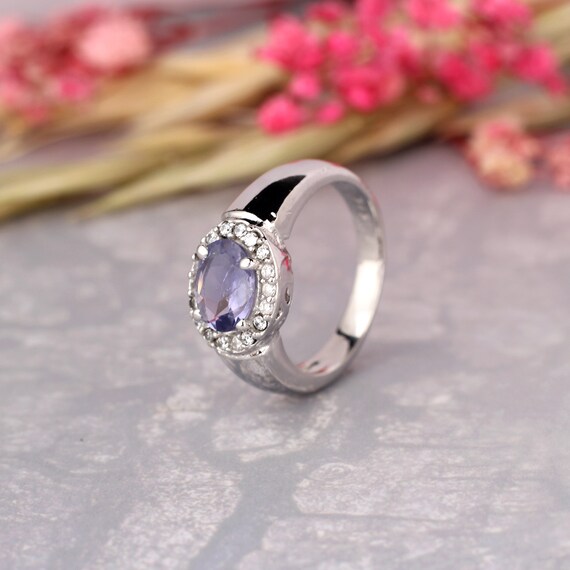 Iolite Signet Ring Silver-art Deco Halo Ring-cluster Vintage Ring-alternative Engagement Ring-oval Cut Halo Bridal Ring-promise/mothers Ring
