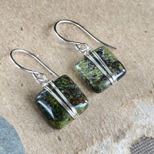 Lichen, Dragon Blood Jasper Earrings, Wire Wrapped Sterling Silver Moss Green Gemstone Earrings | Natural genuine Gemstone earrings. Buy crystal jewelry, handmade handcrafted artisan jewelry for women.  Unique handmade gift ideas. #jewelry #beadedearrings #beadedjewelry #gift #shopping #handmadejewelry #fashion #style #product #earrings #affiliate #ad