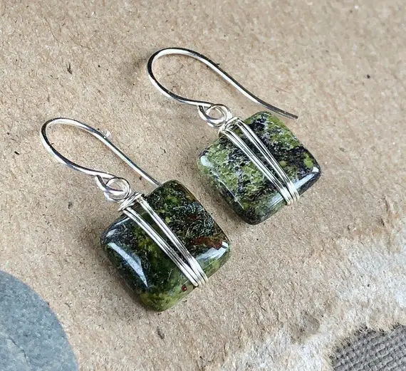 Lichen, Dragon Blood Jasper Earrings, Wire Wrapped Sterling Silver Moss Green Gemstone Earrings