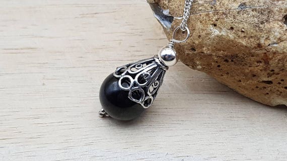 Small Black Jet Pendant. Reiki Jewelry Uk. Bali Silver Wire Wrapped Pendant. 12mm Stone. Minimalist Cone Necklace