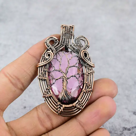 Tree Of Life Pink Kunzite Gemstone Pendant Copper Wire Wrapped Pendant Copper Jewelry Designer Kunzite Pendant Anniversary Gifts For Her