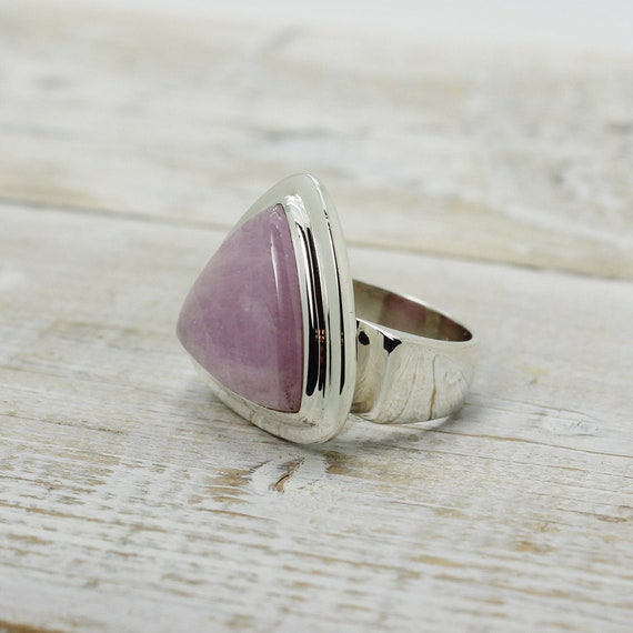Unique... Pink Kunzite Stone Ring All Natural Triangle Shape Natural Cabochon Set On Quality Bezel 925 Sterling Silver Mount Handmade Ring